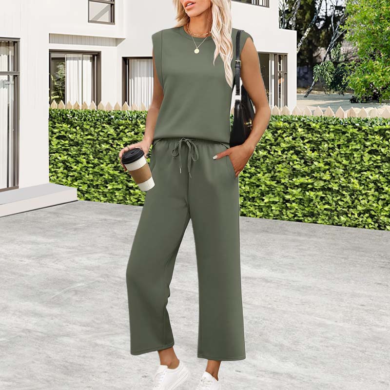 ✨Temporary sale 45% DISCOUNT🎁🌺2025 New casual women's cap-sleeved top with wide leg trousers in two parts