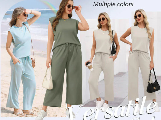 ✨Temporary sale 45% DISCOUNT🎁🌺2025 New casual women's cap-sleeved top with wide leg trousers in two parts