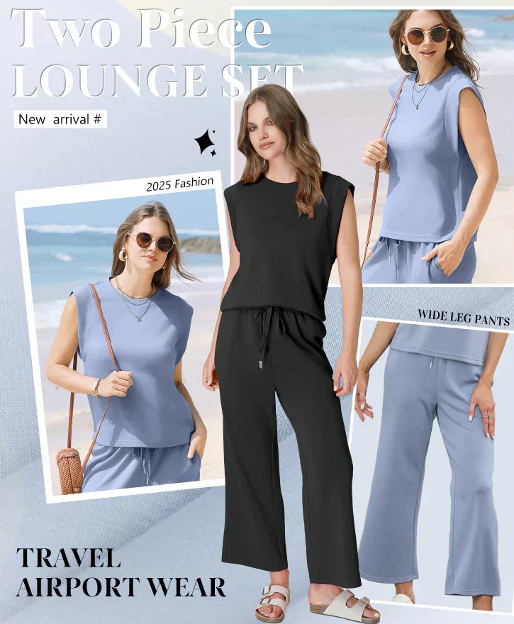 ✨Temporary sale 45% DISCOUNT🎁🌺2025 New casual women's cap-sleeved top with wide leg trousers in two parts