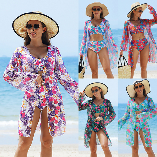 Fashionable, multi-coloured printed 3-piece bikini swimming costume set for women/Fashionable multi-colored printed 3-piece bikini swimsuit set for women