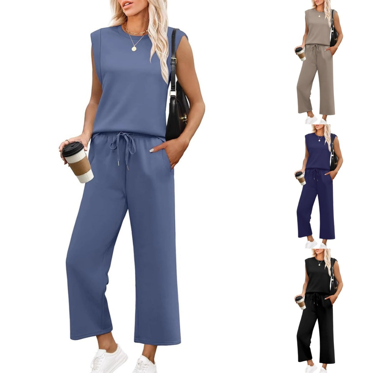 ✨Temporary sale 45% DISCOUNT🎁🌺2025 New casual women's cap-sleeved top with wide leg trousers in two parts